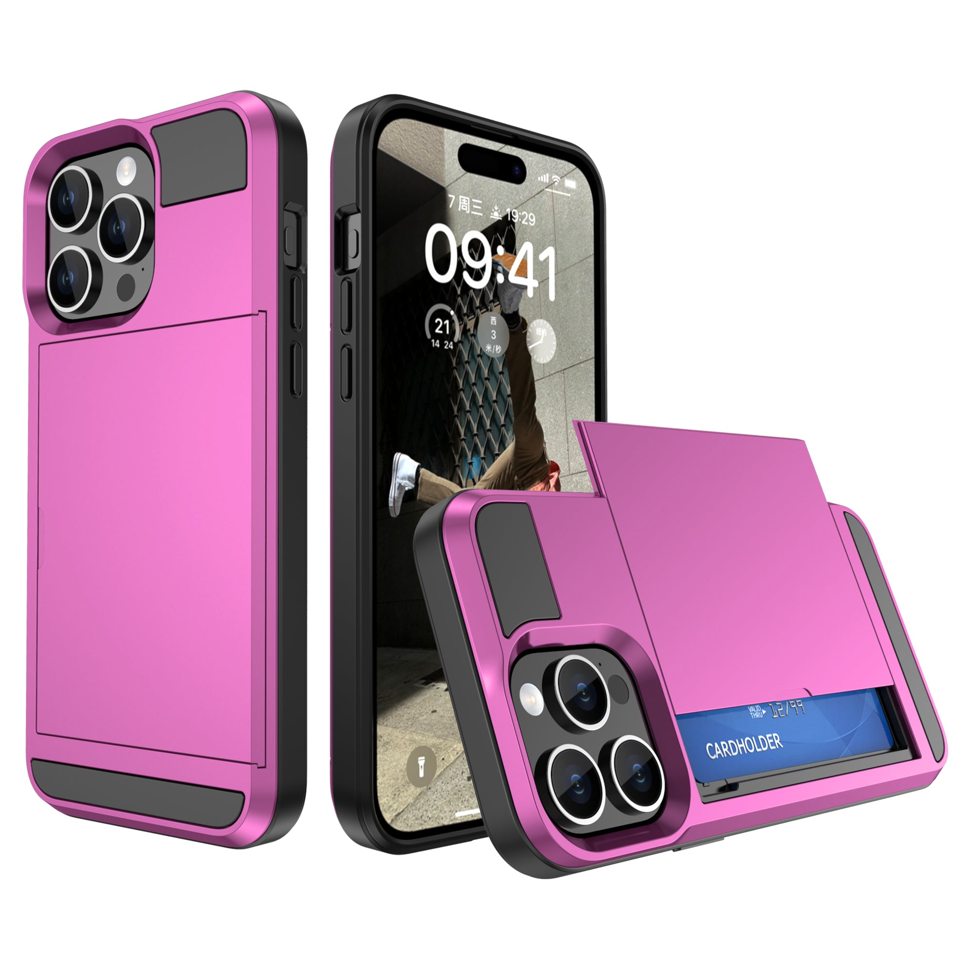 PC TPU Phone Cover for iPhone 15 Sliding Card Holder Anti-scratch Back Case PC TPU Phone Cover for iPhone 15 Sliding Card Holder Anti-scratch Back Case
